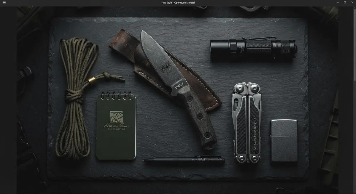 Bushcraft bıçağı, fener, çok amaçlı alet ve paracord'dan oluşan temel kit